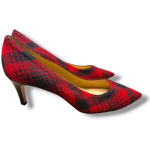 Talbots Classic Red Black Tartan Plaid Pointed Toe Chic Pumps Kitten Heels 7M